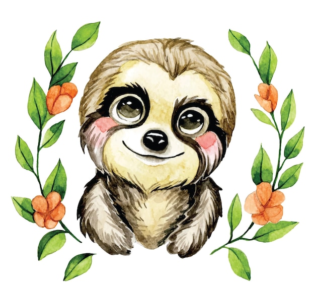 Vetor pequeno animal bonito preguiça com folhas e flores aquarela desenho estilo kawaii impressão para criança