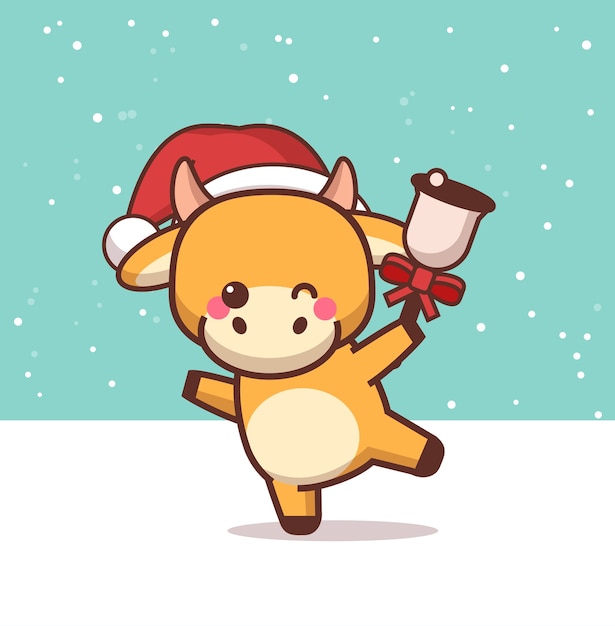 Pequeno boi com chapéu de papai noel segurando sino feliz ano novo chinês saudação vaca fofa mascote ilustração de personagem de desenho animado