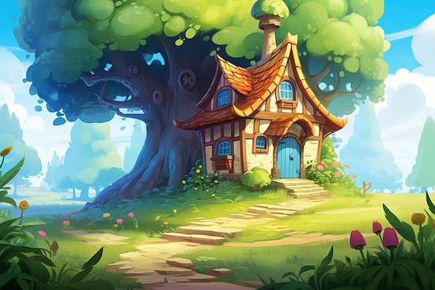 Pequeno castelo de fazenda em colinas verdes fantasia backdrop concept art ilustração realista jogo de vídeo