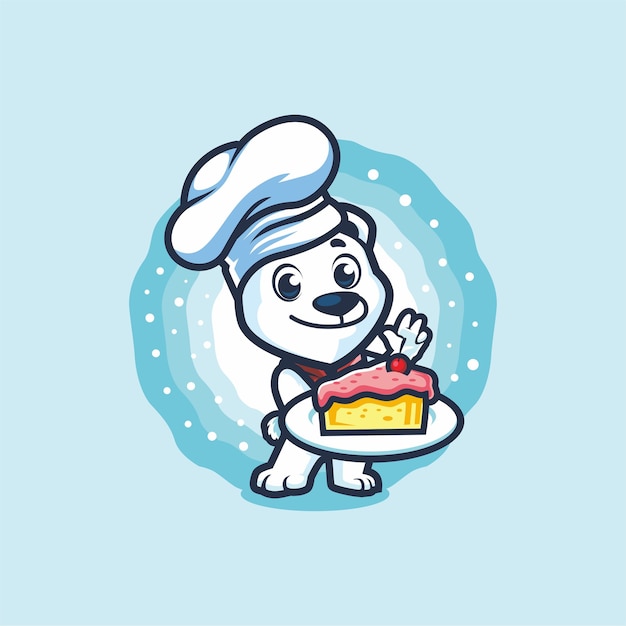 Pequeno chef do urso polar segurando o desenho da mascote do pedaço de bolo