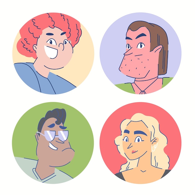 Vetor pequeno conjunto de avatares de diversas pessoas em círculos com esquema de cores limitado