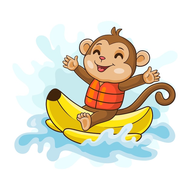 Pequeno desenho de macaco está surfando em um barco de banana