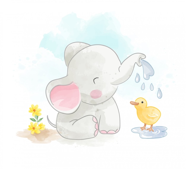 Pequeno elefante e pequeno pato ilustração