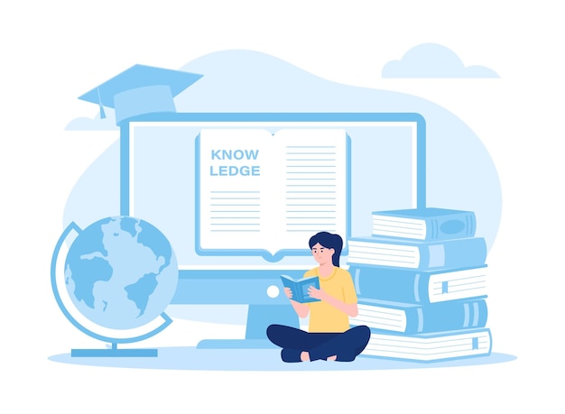 Pequeno estudante sentado na pilha de livros e lendo a ilustração plana do conceito de tendências do glossário