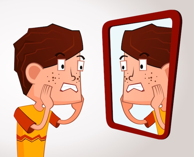 Pequeno garoto fica surpreso ao ver sua acne facial no espelho