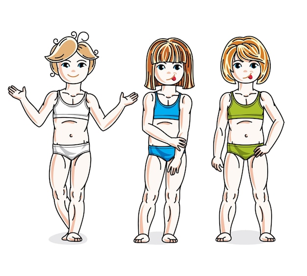 Vetor pequeno grupo de meninas de pé vestindo biquini colorido. conjunto vetorial de belas ilustrações de crianças.