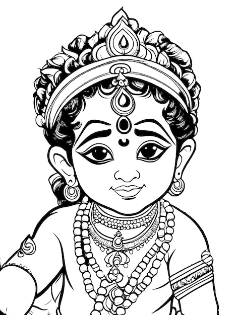 Pequeno krishna página de colorir desenho de linha de desenho vetorial esboço bebê krishna deus hindu