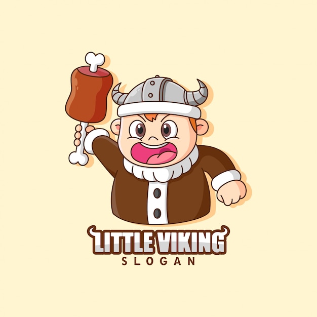 Pequeno logotipo viking sorrindo e trazer uma carne.