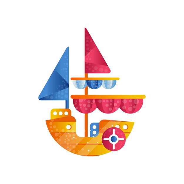 Vetor pequeno navio saveiro com velas coloridas ilustração vetorial plana isolada em um fundo branco