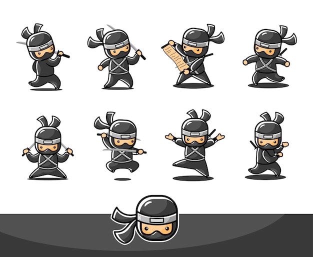 Vetor pequeno ninja preto com oito poses e ações diferentes