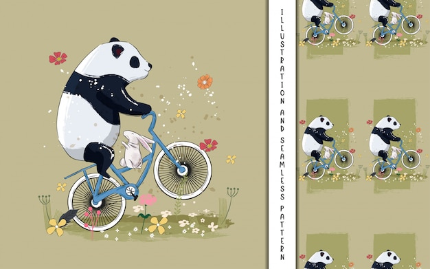 Pequeno panda e coelho em uma bicicleta com flores