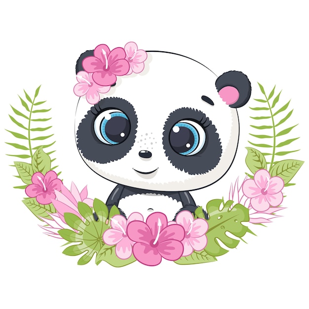 Vetor pequeno panda fofo com coroa de flores havaianas