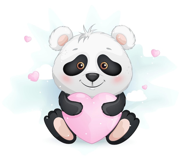 Pequeno panda fofo segurando um coração rosa