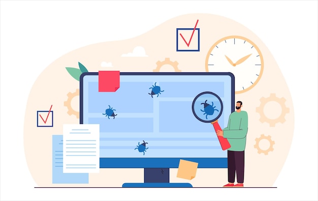 Pequeno programador testando software e corrigindo bugs. garantia de qualidade, ilustração em vetor plana de teste de aplicação. serviço de desenvolvimento de software, conceito de programação para banner ou página da web de destino