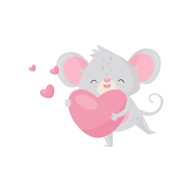 Pequeno rato apaixonado segurando um coração rosa nas patas personagem de desenho animado com orelhas grandes e cauda longa plana