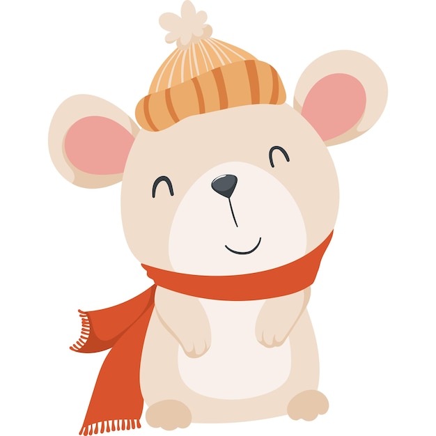 Pequeno rato bonito com chapéu e lenço isolado em um fundo branco Rato branco em estilo vetorial plano Personagem na forma de um rato de desenho animado no inverno