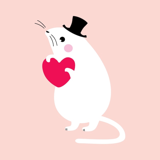 Pequeno Rato em Chapéu Alto Segurando Forma de Coração como Ilustração Vector da Celebração do Dia dos Namorados