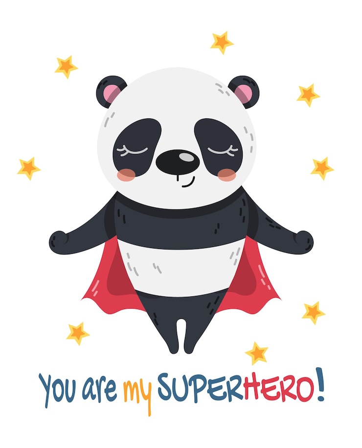 Vetor pequeno super-herói panda voando com uma capa vermelha acima do texto colorido, você é meu super-herói cercado