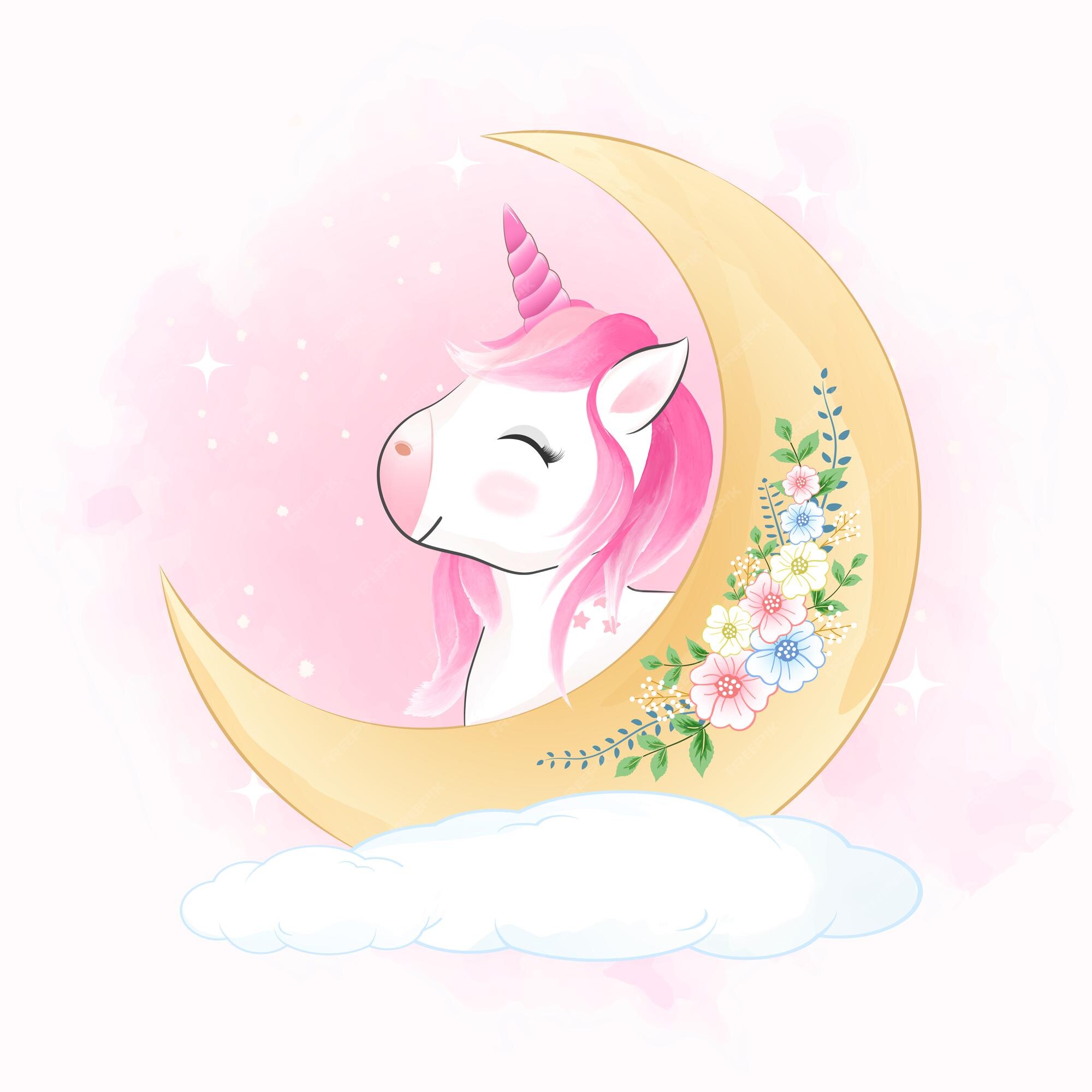 Desenho de unicórnio fofo e animal kawaii da lua