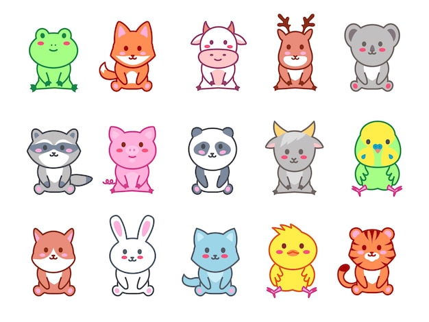 Pequenos animais sentados personagens do zoológico kawaii animal fofo com  sorriso feliz conjunto vetorial de personagens ilustração de desenho  animado animal gráfico isolado kawaii