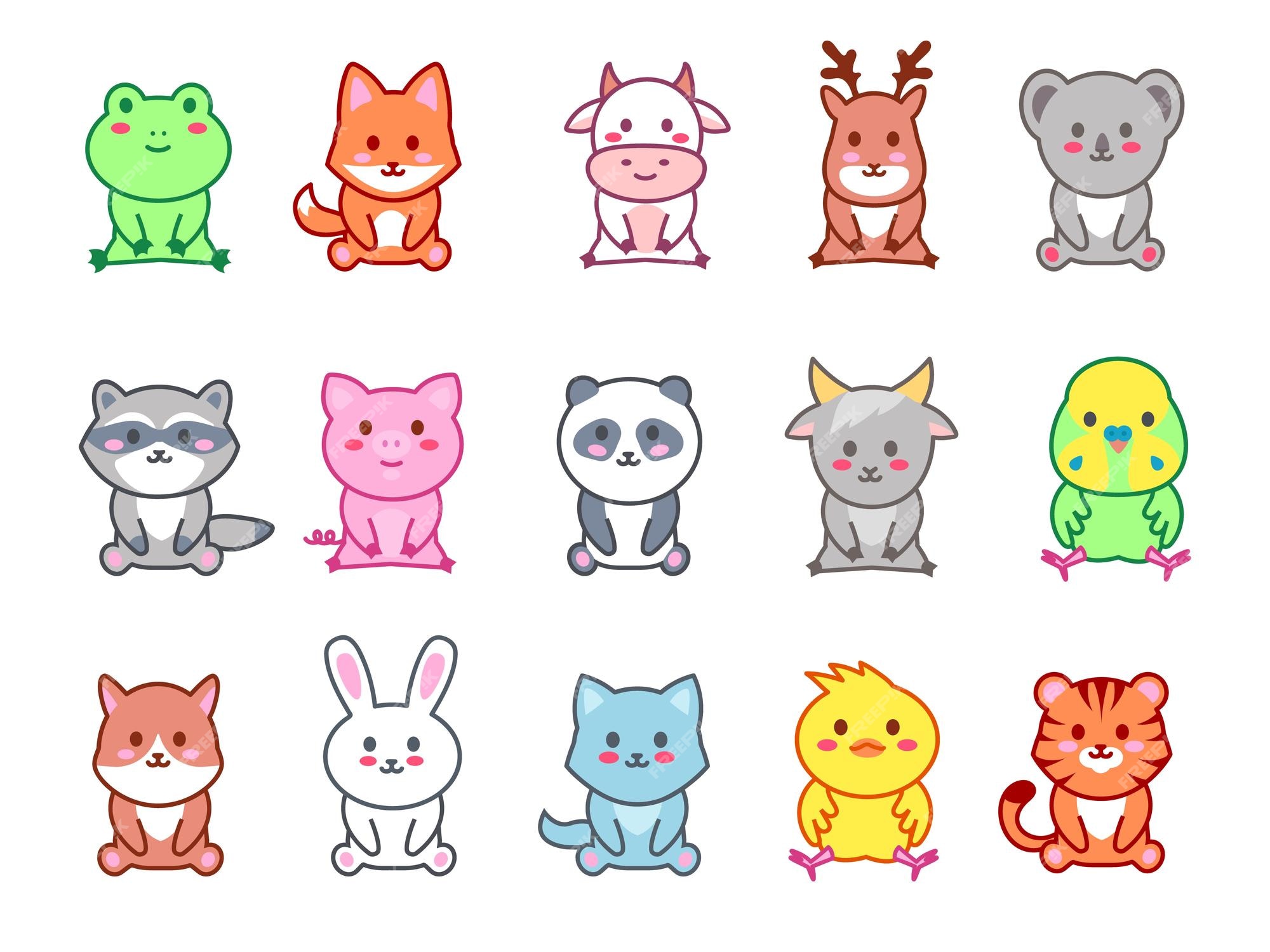 Pequenos animais sentados personagens do zoológico kawaii animal fofo com  sorriso feliz conjunto vetorial de personagens ilustração de desenho  animado animal gráfico isolado kawaii