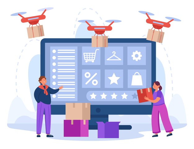 Pequenos clientes com pacotes e caixas de compras na loja online. drones de correio profissional entregando encomendas para ilustração vetorial plana de pessoas. ecommerce, logística, conceito de tecnologia do futuro