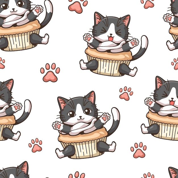 Pequenos cupcakes de padrão sem emenda com desenho de pata de gato desenho de personagem bonito