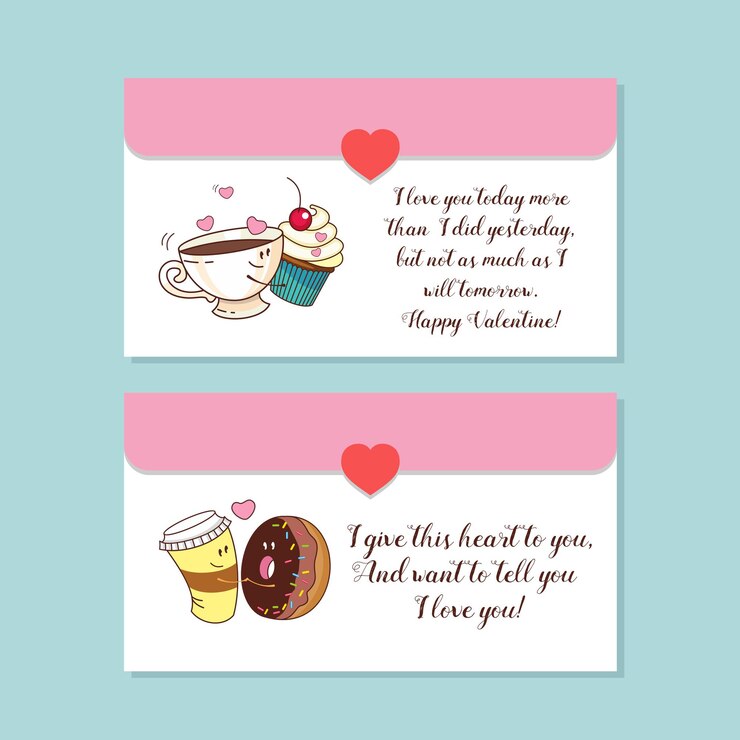 Vetor pequenos envelopes, postais. cartões vetoriais sobre amor. com o dia dos namorados. conceito bonito dos desenhos animados sobre amor. café, rosquinhas, chá e bolo.