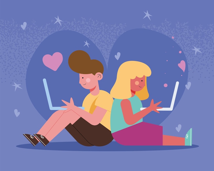 Vetor pequenos estudantes casal com laptops elearning