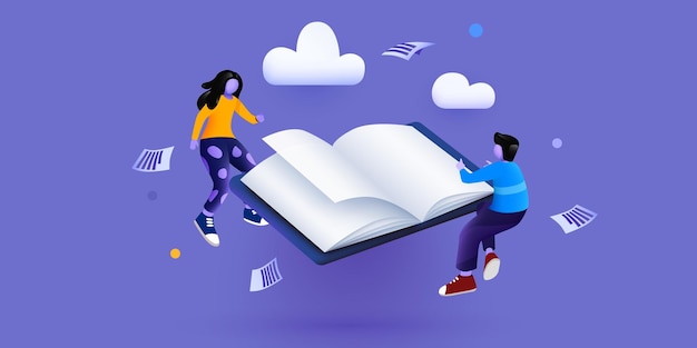 Pequenos leitores voando acima do livro Conceito de educação Estudantes escolares ou universitários Bandeira de ciência