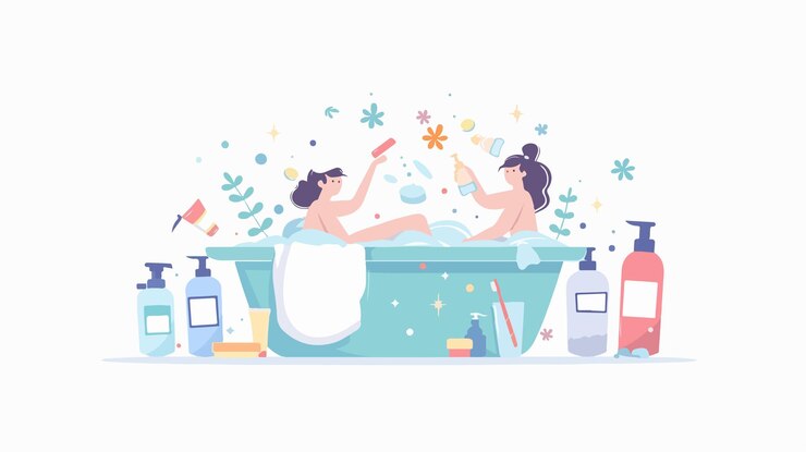 Vetor pequenos personagens masculinos e femininos no conceito do banheiro