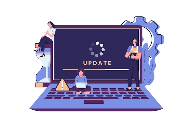 Pequenos programadores atualizando o sistema operacional de design vetorial de ilustração de estilo plano