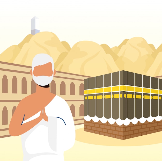 Vetor peregrinação do hajj com o homem na cena de kaaba