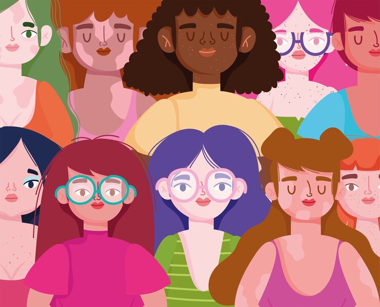 Vetor perfeitamente imperfeito, grupo de mulheres com problema de pele, corpo positivo, diversidade de figuras