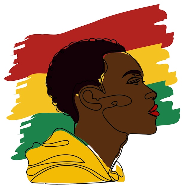 Perfil de uma pessoa com silhueta preta artística contra um fundo de bandeira vibrante