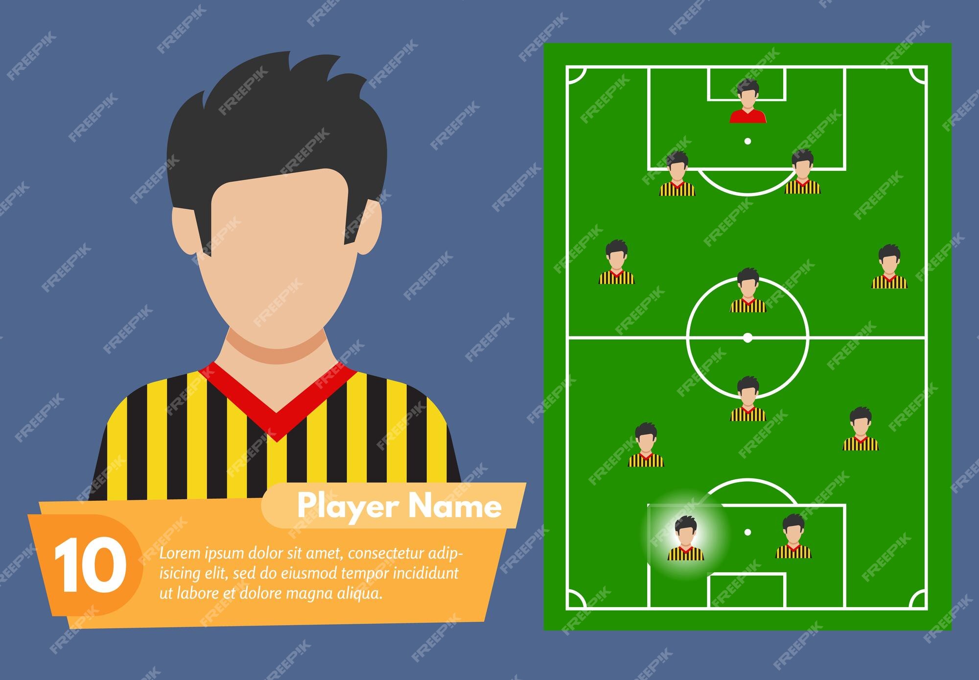 Perfil do jogador de futebol e seu lugar no campo de futebol vector  illustrationxa