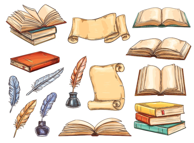 Vetor pergaminho de livro antigo e esboço de caneta de pena vintage