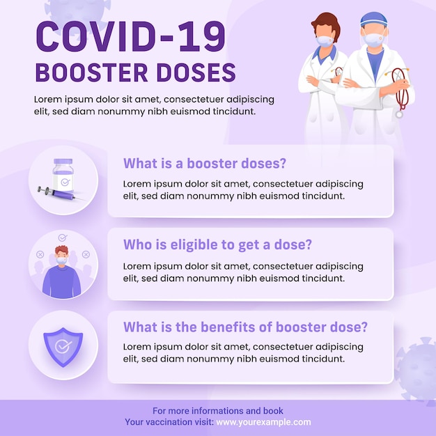 Perguntas e respostas relacionadas às doses de reforço covid-19 com personagens médicos em fundo roxo. cartaz de conscientização ou design de modelo.