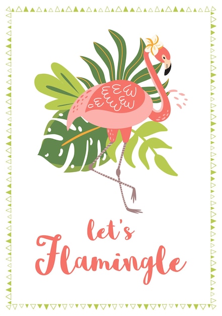 Permite texto de flamingle para convite de festa de flamingo flamingo rosa fofo com folhas tropicais vetor