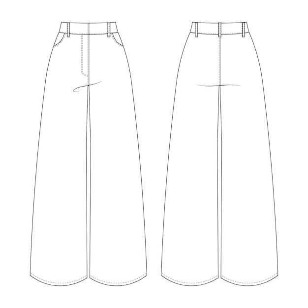 perna larga palazzo cintura alta elevação média elevação média cintura calça calça modelo desenho técnico fla