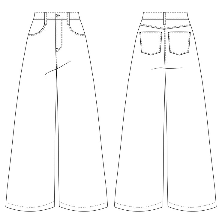 Vetor perna larga palazzo marinheiro alta subida média subida calça calça modelo desenho técnico esboço plano cad mo