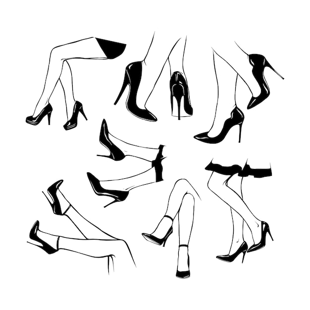 Vetor pernas femininas definidas com sapatos de salto alto esboço desenhado à mão ilustração vetorial de linha