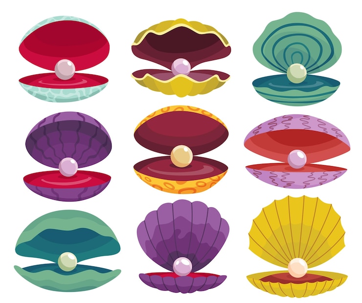 Vetor pérolas em conchas abertas conchas de peixe e conchas de pérolas em várias formas e cores belas pérolas em conches de amêijoas em estilo plano de desenho animado ilustração vetorial isolada em fundo branco