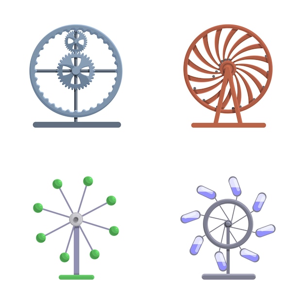 Perpetuum mobile icons set vector de desenhos animados várias máquinas de movimento perpétuo