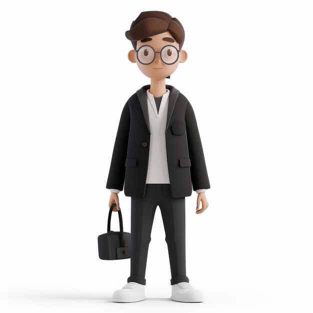 Personagem 3d corpo completo de um jovem em um terno preto com uma bolsa em um fundo branco