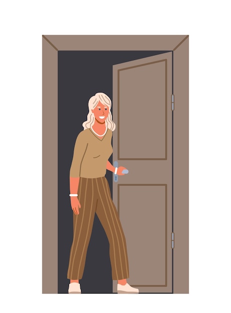 Personagem abrindo porta conceito mulher volta para casa menina idosa em roupas casuais perto da porta mãe dentro do quarto cartoon ilustração vetorial plana isolada em fundo branco