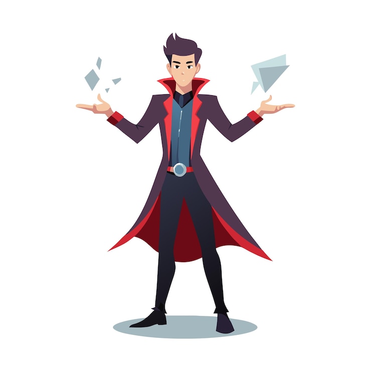 Vetor personagem animado fazendo magia com objetos flutuantes