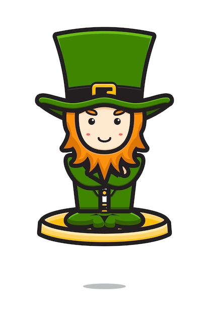 Vetor personagem bonito do dia de são patrício leprechaun voando com ilustração de ícone vetorial de desenho animado de moeda de ouro