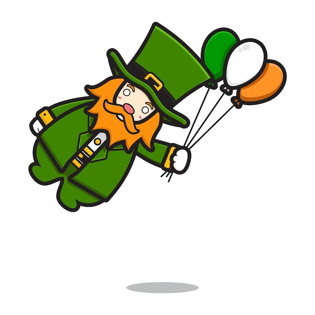Personagem bonito do dia de são patrício leprechaun voando segurando a ilustração do ícone do vetor de desenho de balão