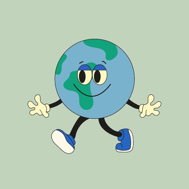 Personagem bonito do planeta terra globo bonito da terra com emoções, rosto, mãos, boné, pés em sapatos